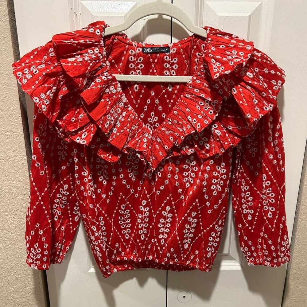 ZARA Openwork Embroidered Ruffle Top in Red, size S